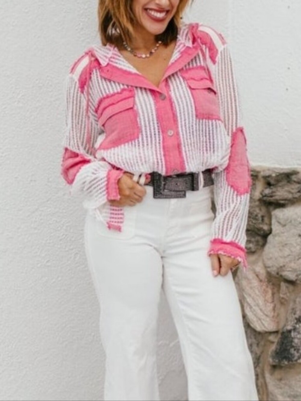 POL Pink and White Open Knit Button-Front Hooded Cotton Shirt NEW - Picture 2 of 8